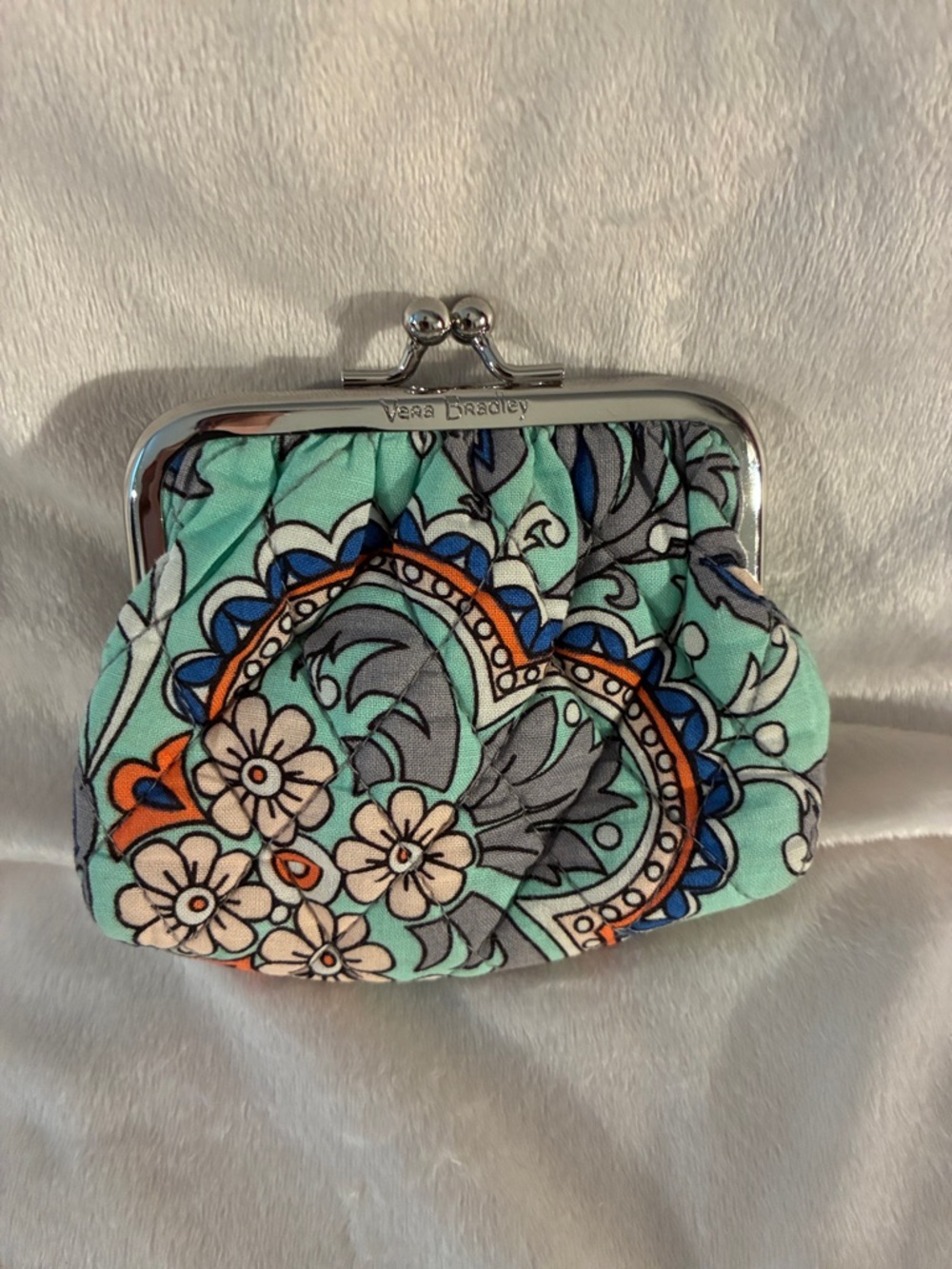 Vera Bradley Mint Floral Kiss-Lock Coin Purse with Blue & Orange Accents.